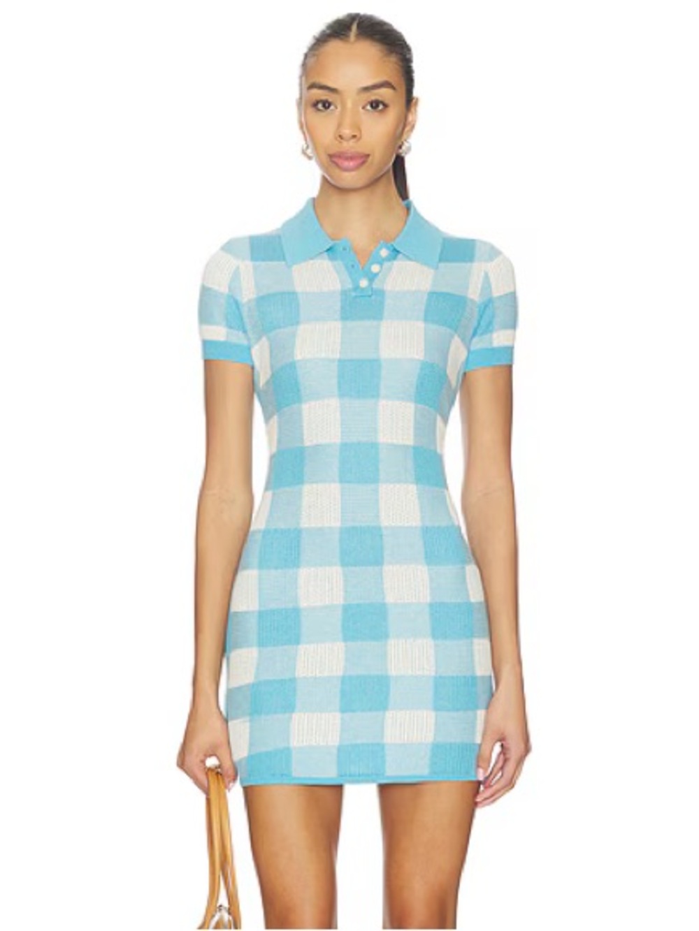 NEW NWT Guest In Residence Silk & Linen Gingham Polo Dress Swimming Pool & Cream